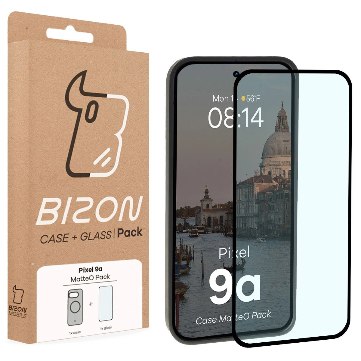 Przód pudełka Bizon Case Matteo Pack z dedykowaną etykietą do Google Pixel 9a