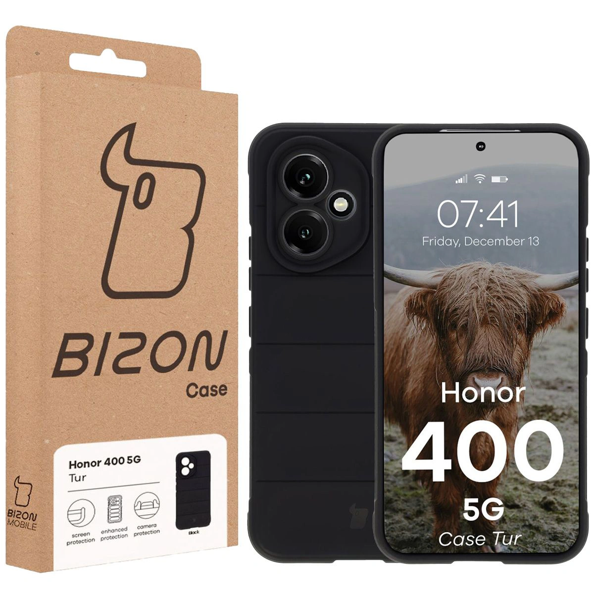 Przód pudełka Bizon Case z dedykowaną etykietą do Honor 400 5G