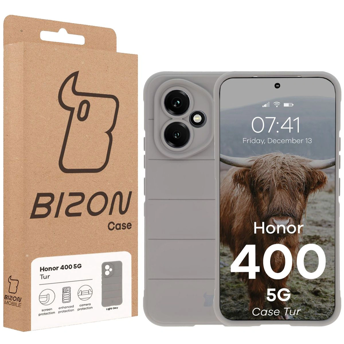 Przód pudełka Bizon Case z dedykowaną etykietą do Honor 400 5G