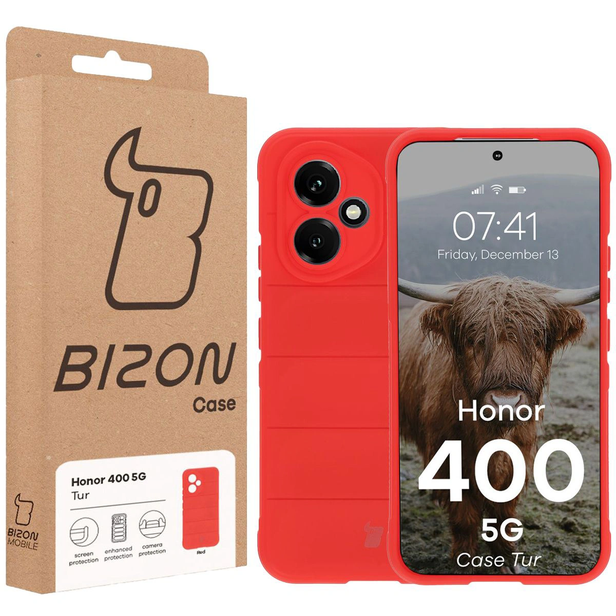 Przód pudełka Bizon Case z dedykowaną etykietą do Honor 400 5G