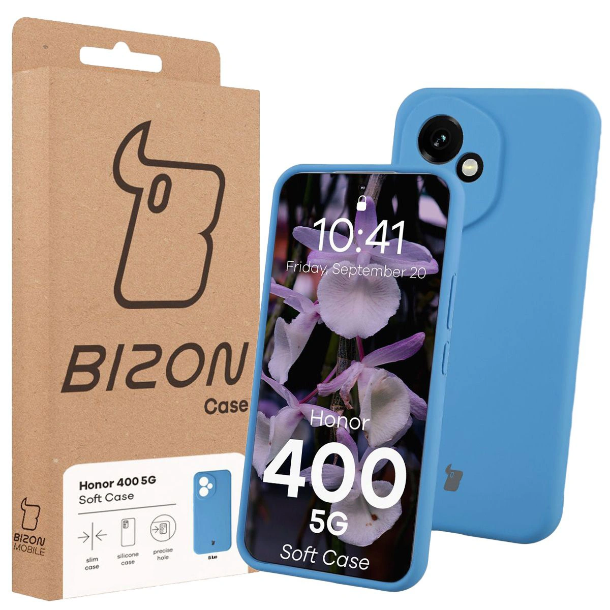 Przód pudełka Bizon Case z dedykowaną etykietą do Honor 400 5G