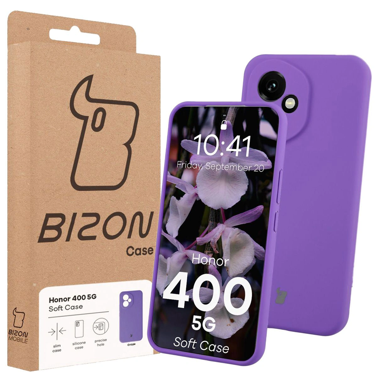 Przód pudełka Bizon Case z dedykowaną etykietą do Honor 400 5G