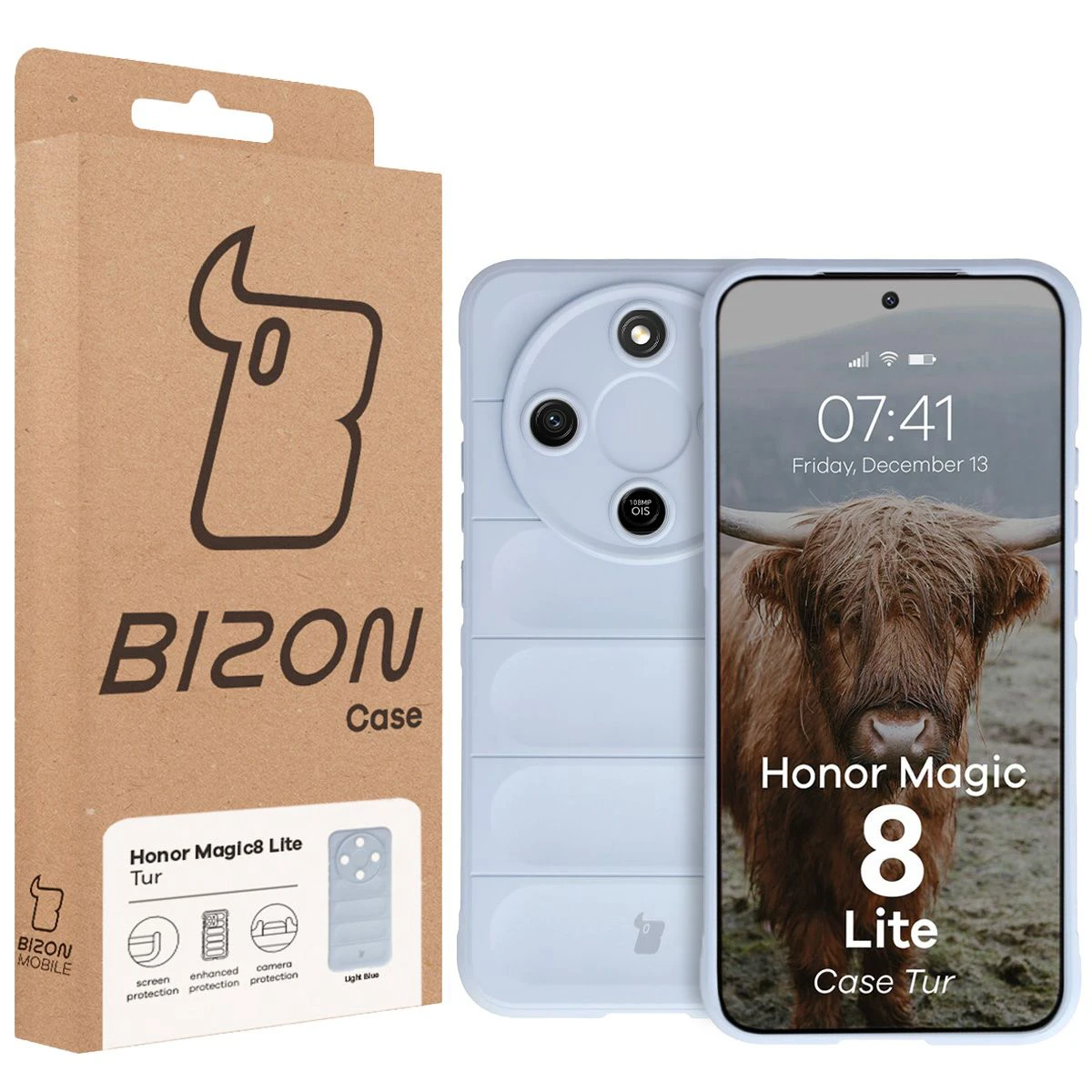 Przód pudełka Bizon Case z dedykowaną etykietą do Honor Magic8 Lite
