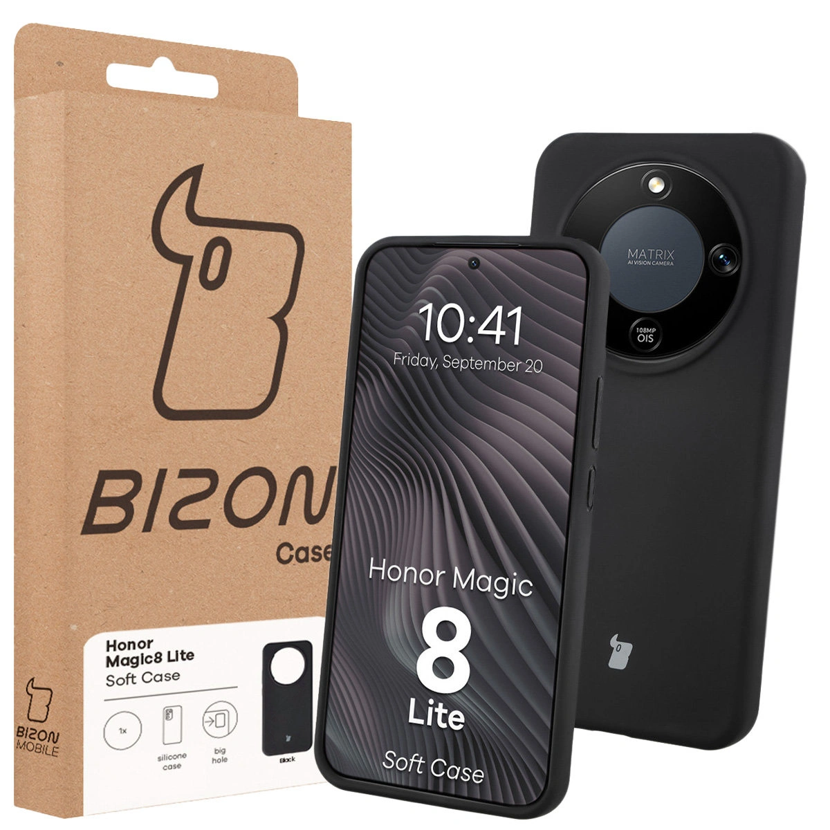 Przód pudełka Bizon Case z dedykowaną etykietą do Honor Magic8 Lite
