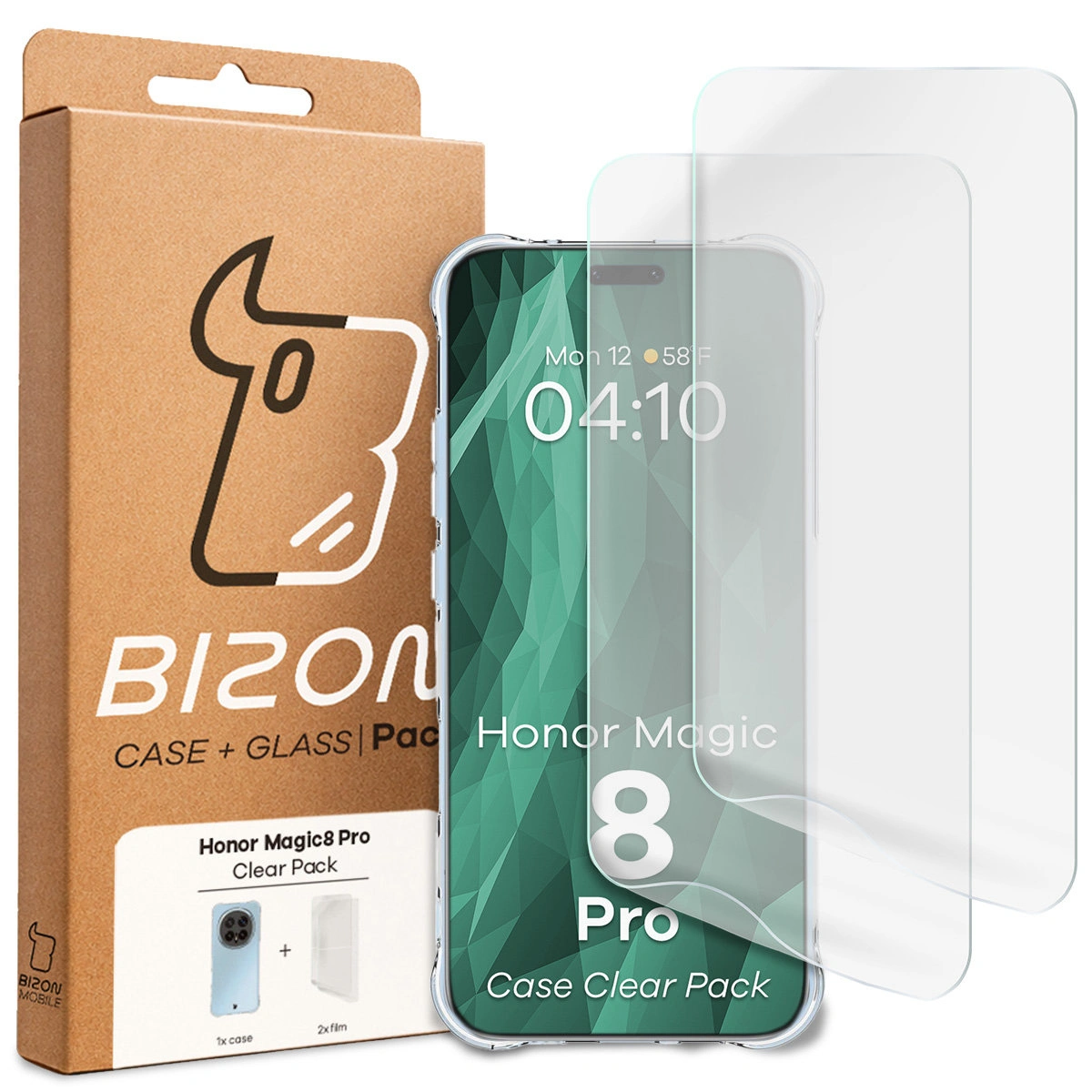 Przód pudełka Bizon Case+Glass z dedykowaną etykietą do Honor Magic8 Pro