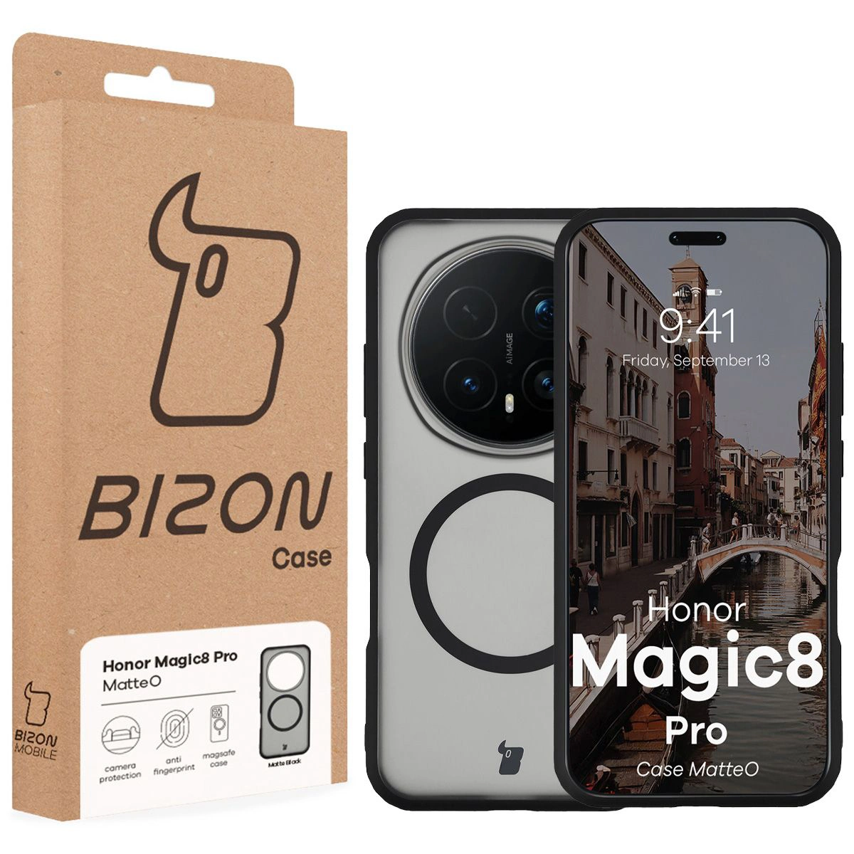 Przód pudełka Bizon Case z dedykowaną etykietą do Honor Magic8 Pro