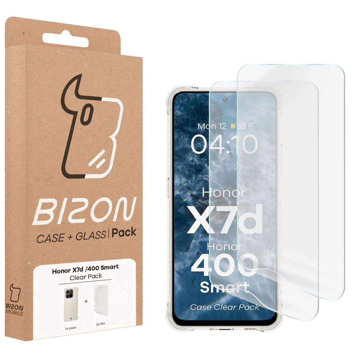 Przód pudełka Bizon Case+Glass z dedykowaną etykietą do Honor X7d 4G/5G / Honor 400 Smart 4G/5G