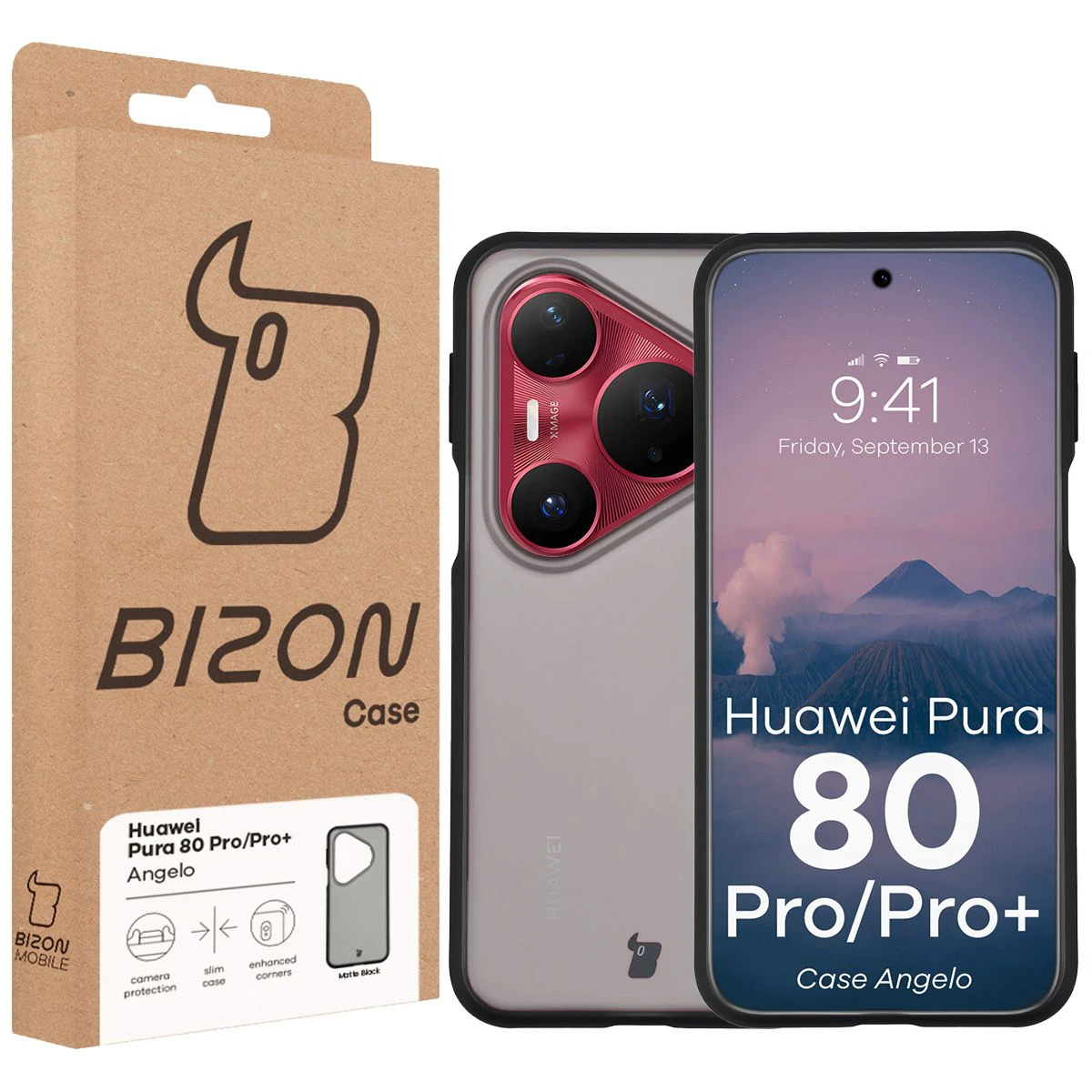 Przód pudełka Bizon Case z dedykowaną etykietą do Huawei Pura 80 Pro / Huawei Pura 80 Pro Plus