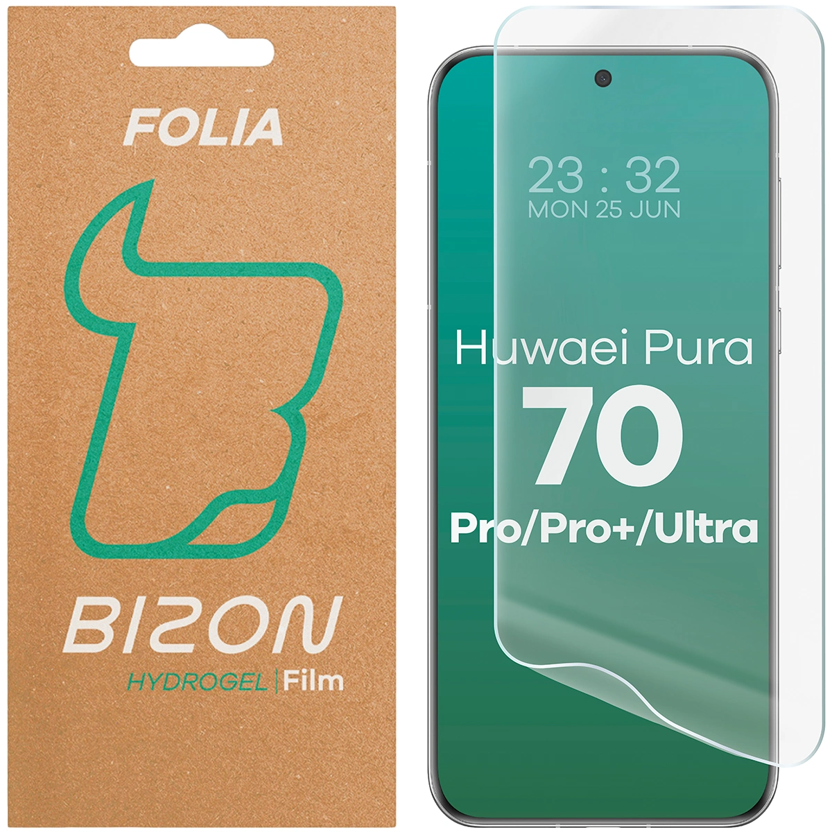 Pudełko i folia hydrożelowa na ekran Bizon Film Hydrogel Front do Huawei Pura 70 Pro / Pro Plus / Ultra