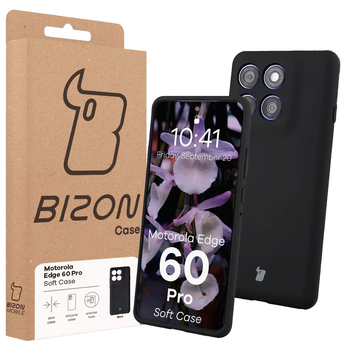 Przód pudełka Bizon Case z dedykowaną etykietą do Motorola Edge 60 Pro