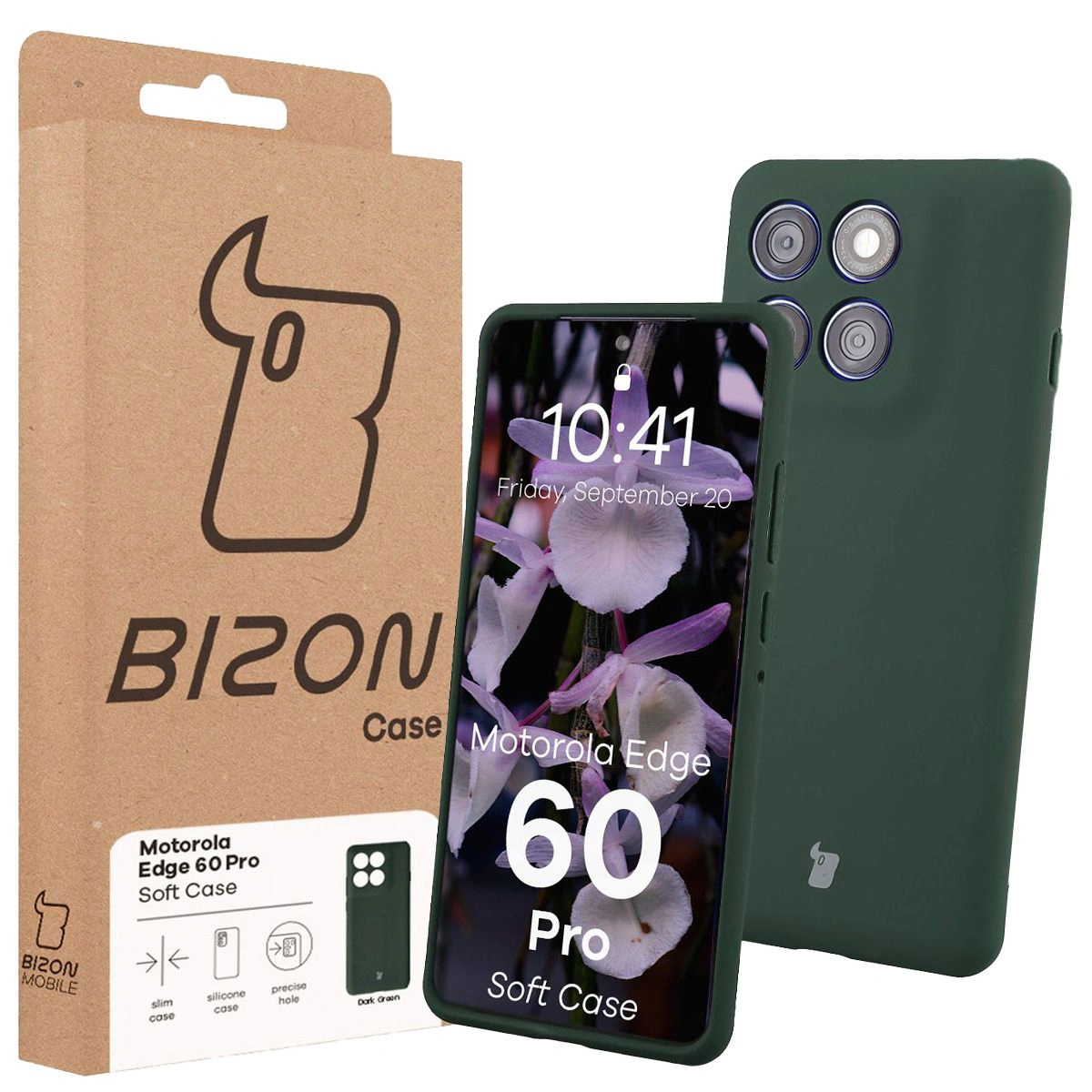Przód pudełka Bizon Case z dedykowaną etykietą do Motorola Edge 60 Pro