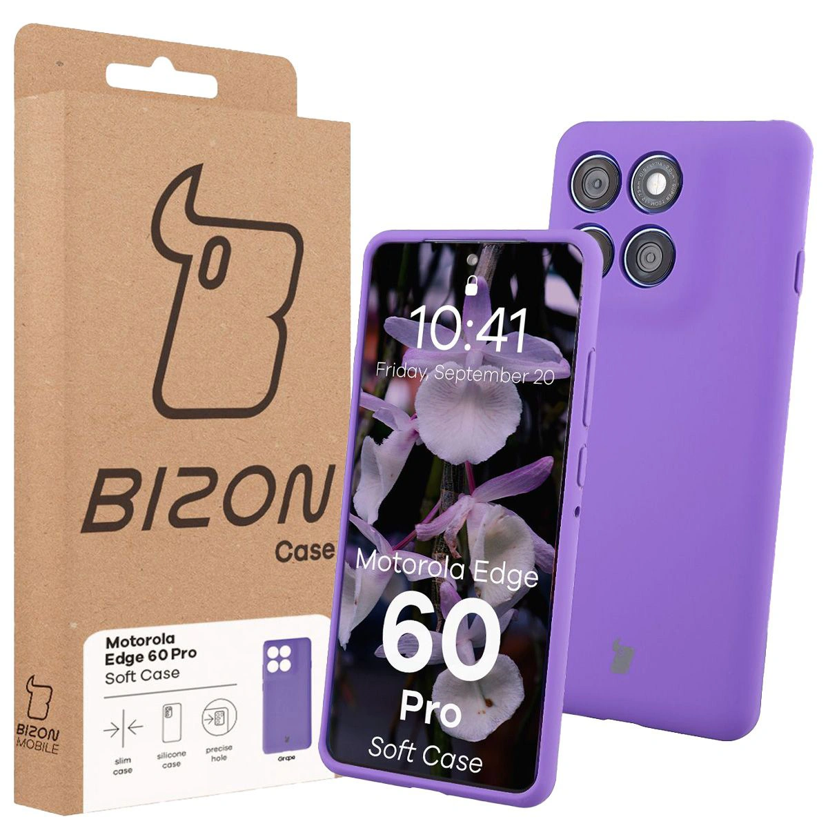 Przód pudełka Bizon Case z dedykowaną etykietą do Motorola Edge 60 Pro