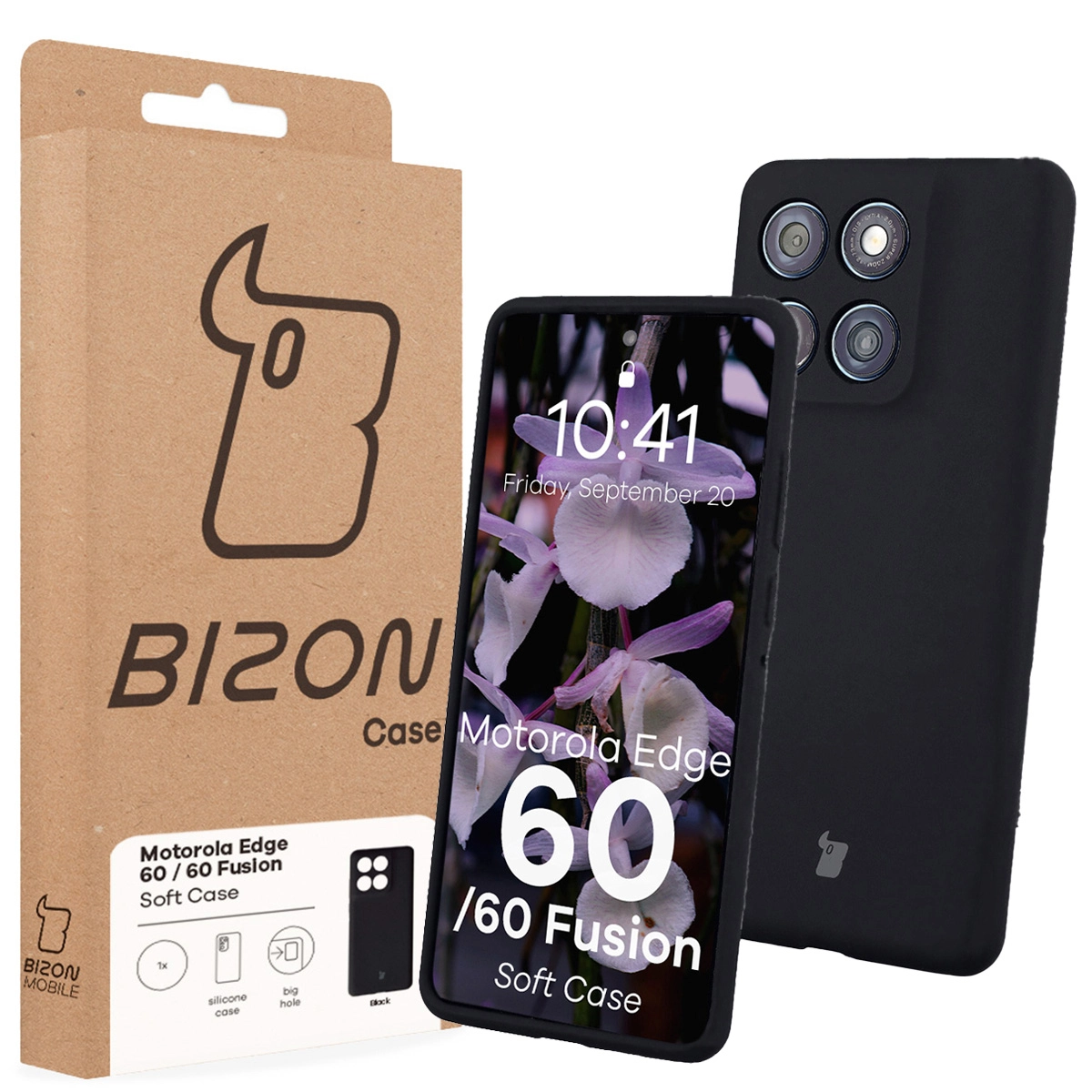 Przód pudełka Bizon Case z dedykowaną etykietą do Motorola Edge 60 Fusion / Motorola Edge 60