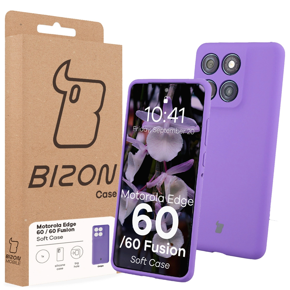 Przód pudełka Bizon Case z dedykowaną etykietą do Motorola Edge 60 Fusion / Motorola Edge 60