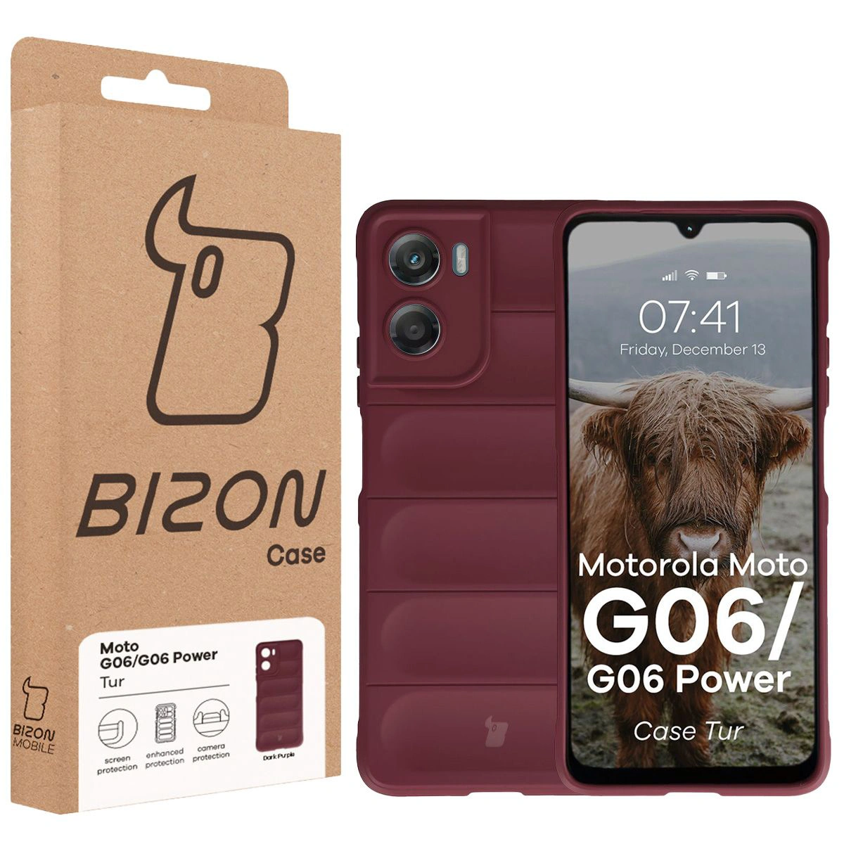 Przód pudełka Bizon Case z dedykowaną etykietą do Motorola Moto G06 4G / Motorola Moto G06 Power 4G