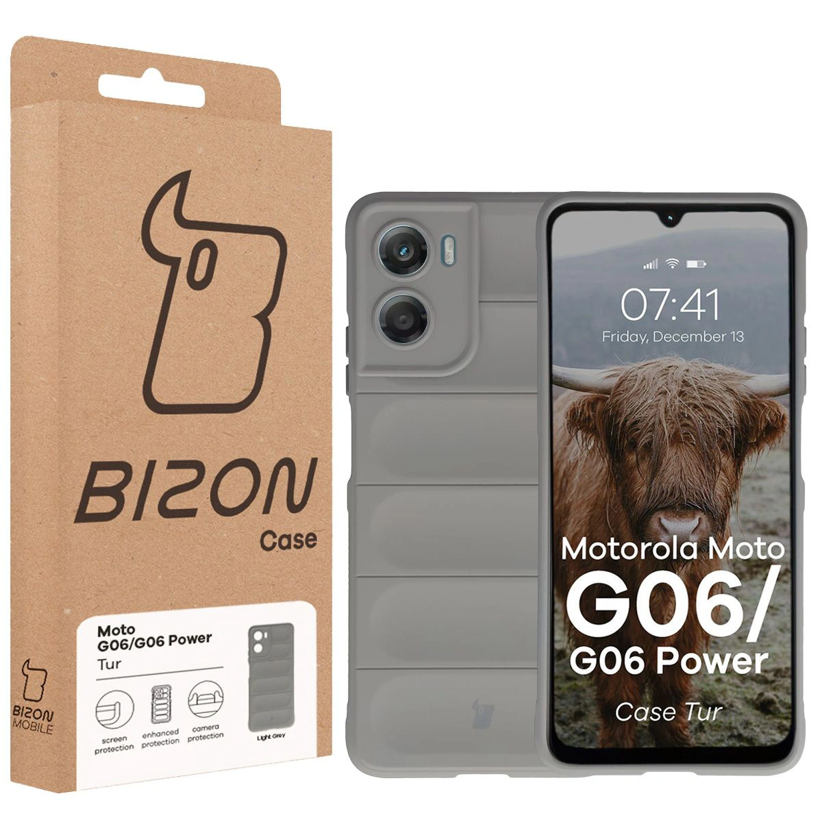 Przód pudełka Bizon Case z dedykowaną etykietą do Motorola Moto G06 4G / Motorola Moto G06 Power 4G