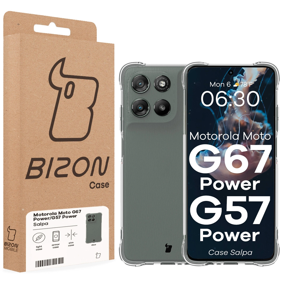 Przód pudełka Bizon Case z dedykowaną etykietą do Motorola Moto G57 Power / Motorola Moto G67 Power