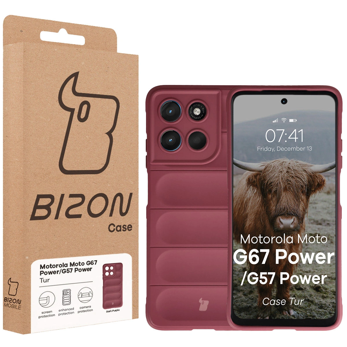 Przód pudełka Bizon Case z dedykowaną etykietą do  Motorola Moto G57 Power / Motorola Moto G67 Power