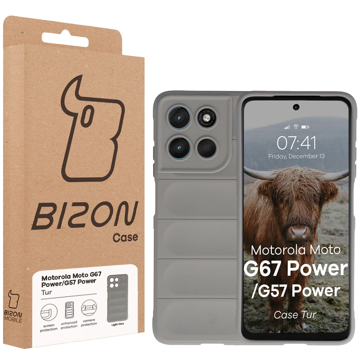 Przód pudełka Bizon Case z dedykowaną etykietą do  Motorola Moto G57 Power / Motorola Moto G67 Power