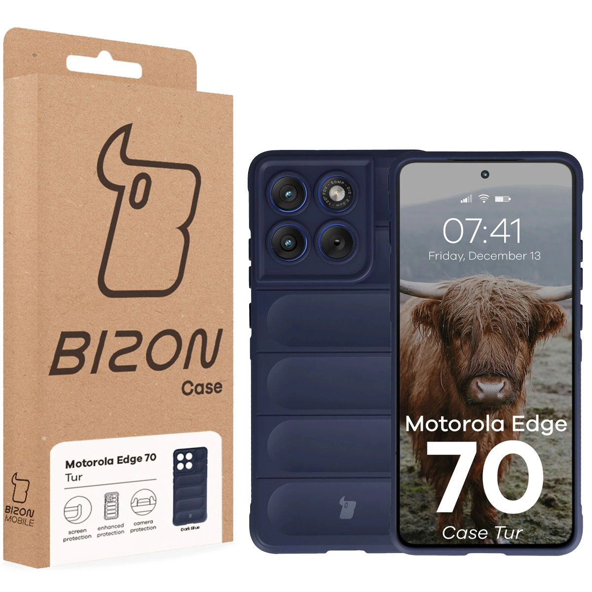 Przód pudełka Bizon Case z dedykowaną etykietą do Motorola Edge 70