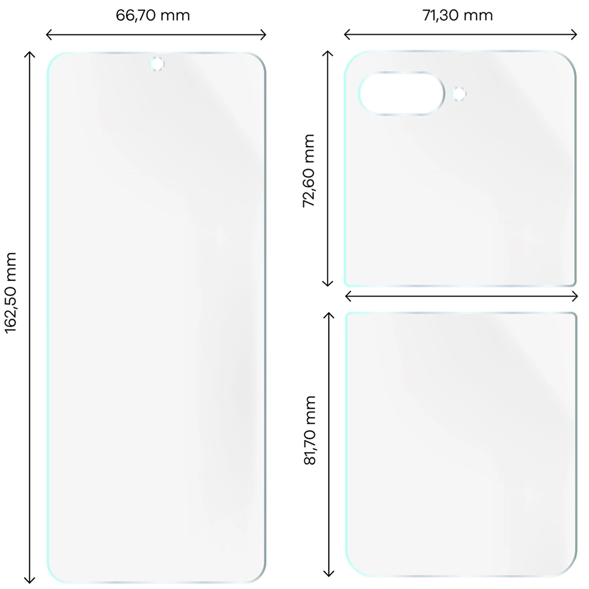 Wymiary dla folii hydrożelowej na plecki, mniejszy oraz większy wyświetlacz telefonu Bizon Film Hydrogel Set do Motorola Razr 60
