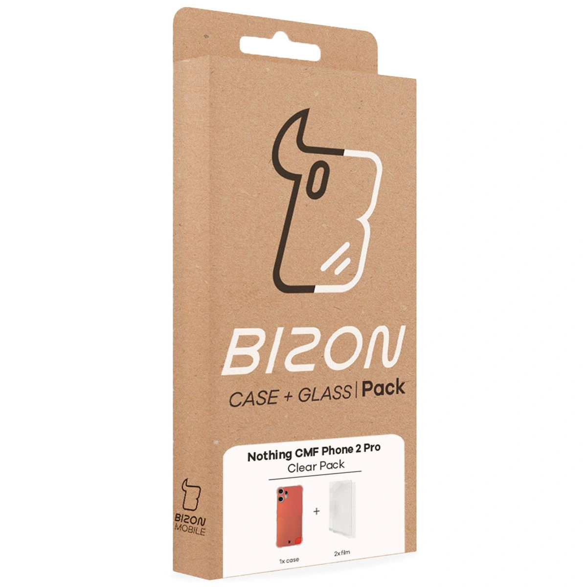 Przód pudełka Bizon Case+Glass z dedykowaną etykietą do Nothing CMF Phone 2 Pro