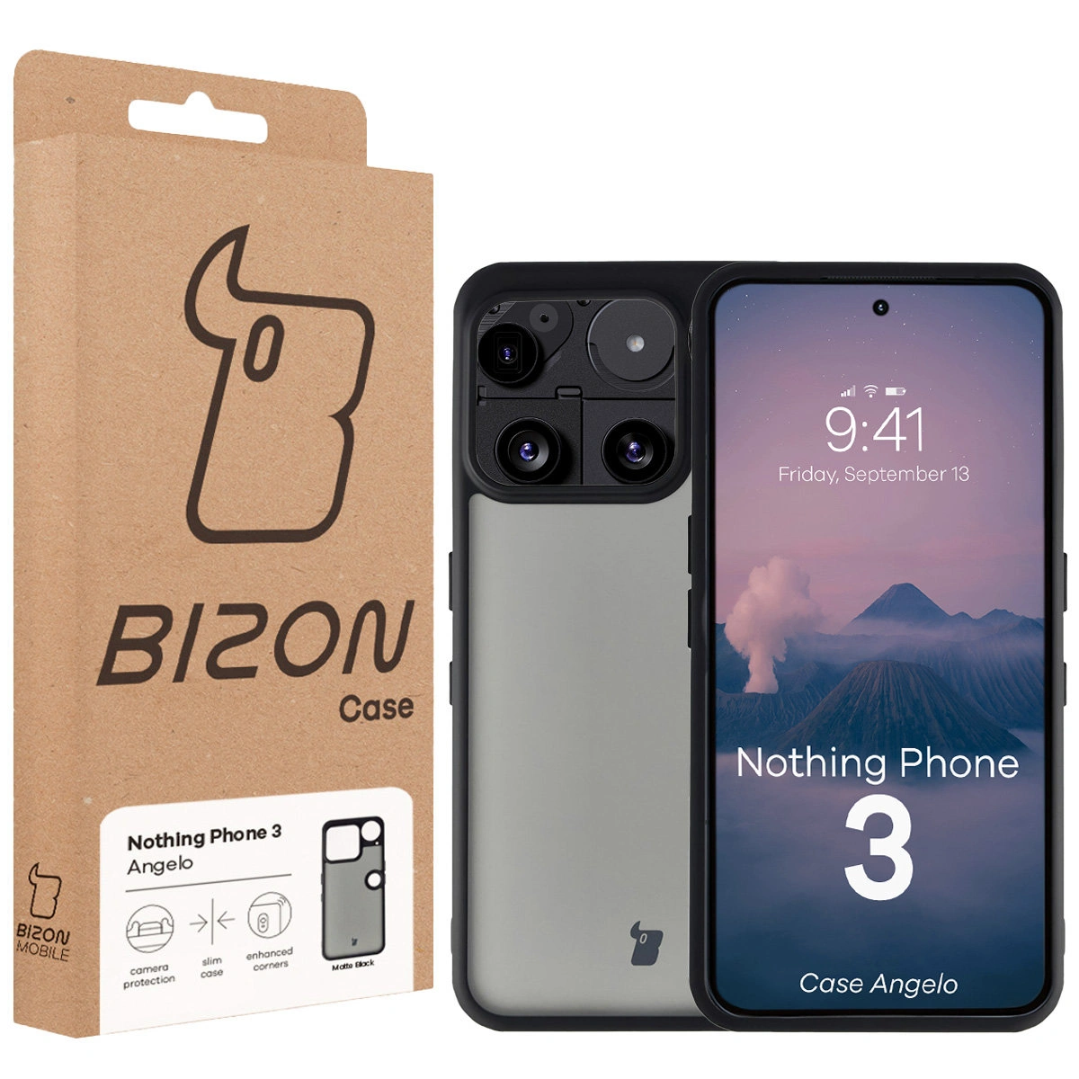 Przód pudełka Bizon Case z dedykowaną etykietą do Nothing Phone (3)