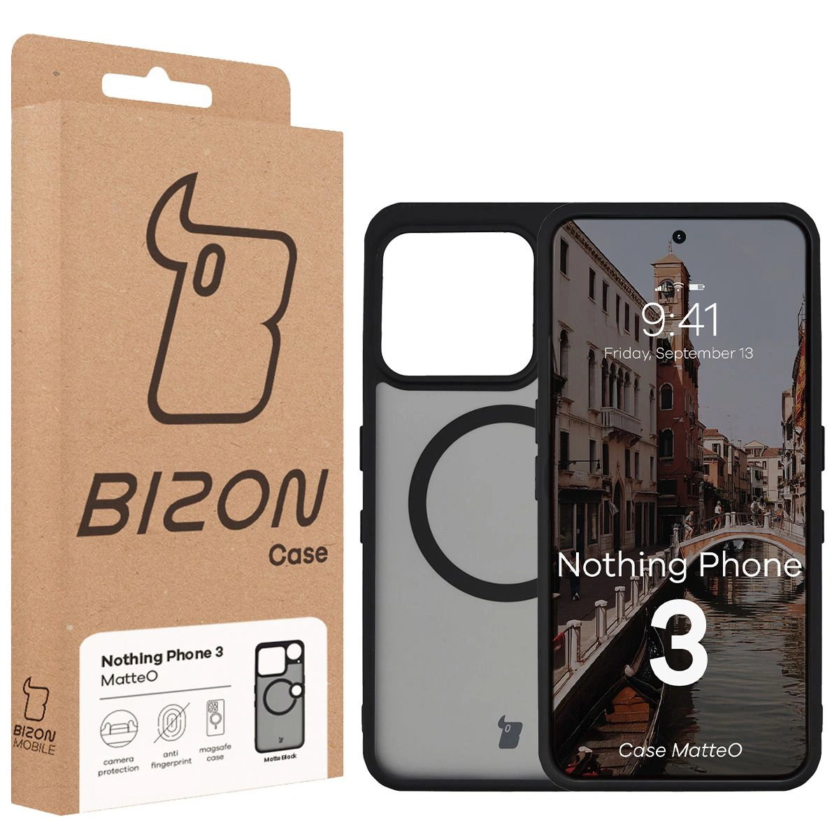 Przód pudełka Bizon Case z dedykowaną etykietą do Nothing Phone (3)