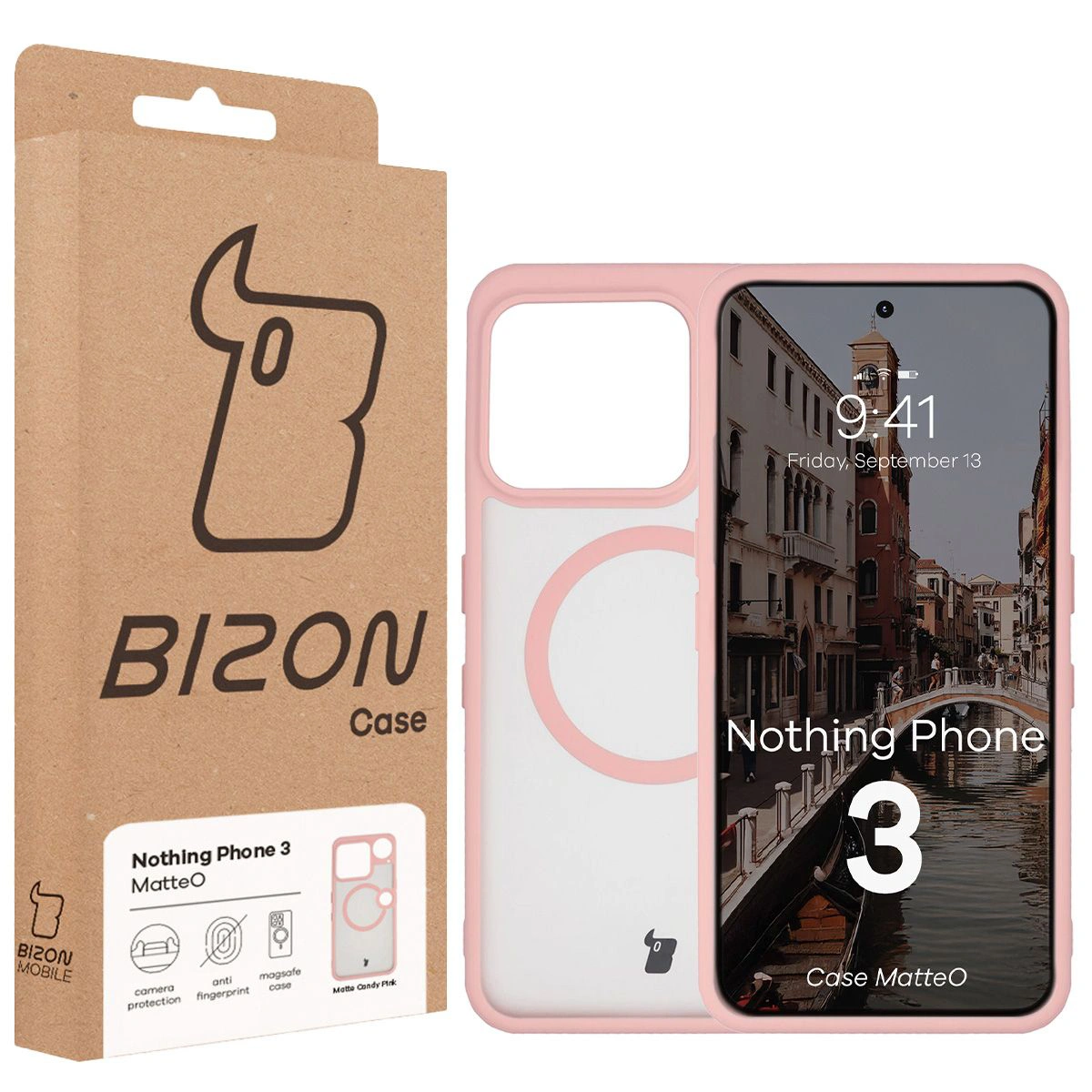 Przód pudełka Bizon Case z dedykowaną etykietą do Nothing Phone (3)