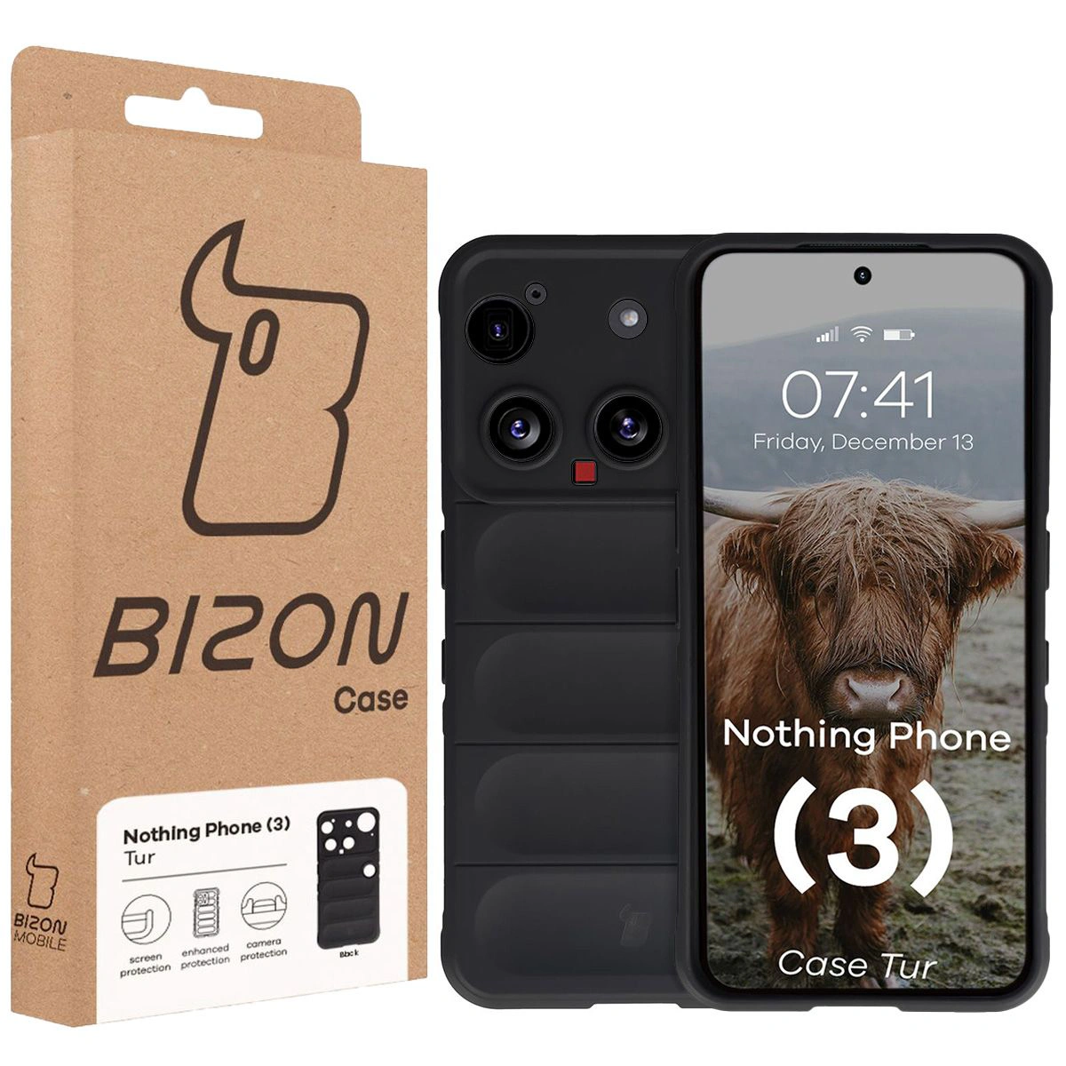 Przód pudełka Bizon Case z dedykowaną etykietą do Nothing Phone (3)
