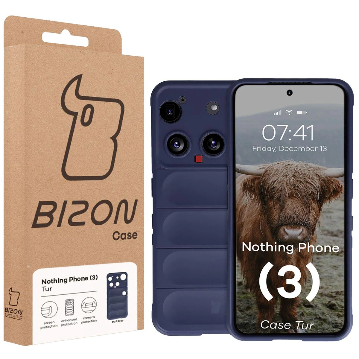 Przód pudełka Bizon Case z dedykowaną etykietą do Nothing Phone (3)