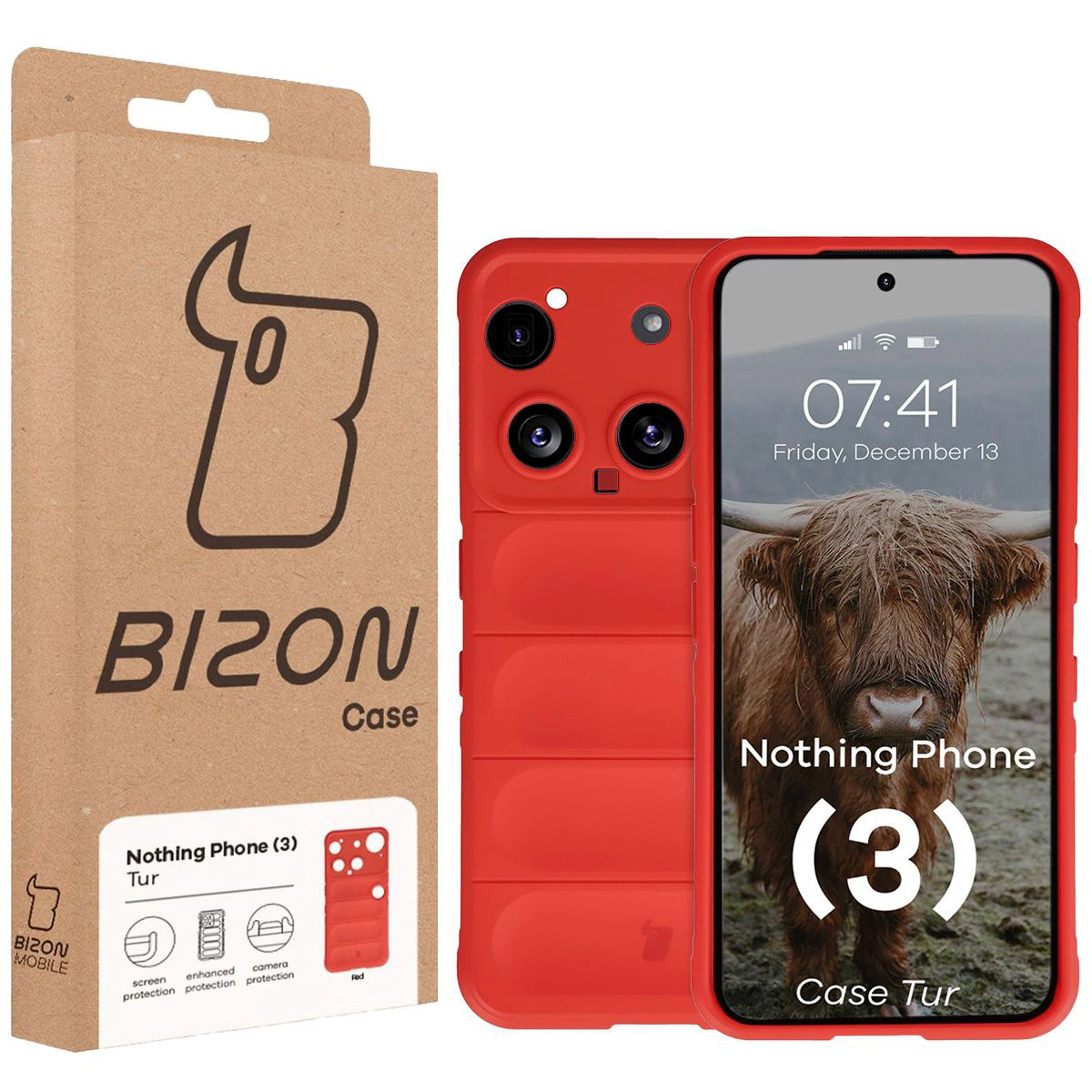 Przód pudełka Bizon Case z dedykowaną etykietą do Nothing Phone (3)