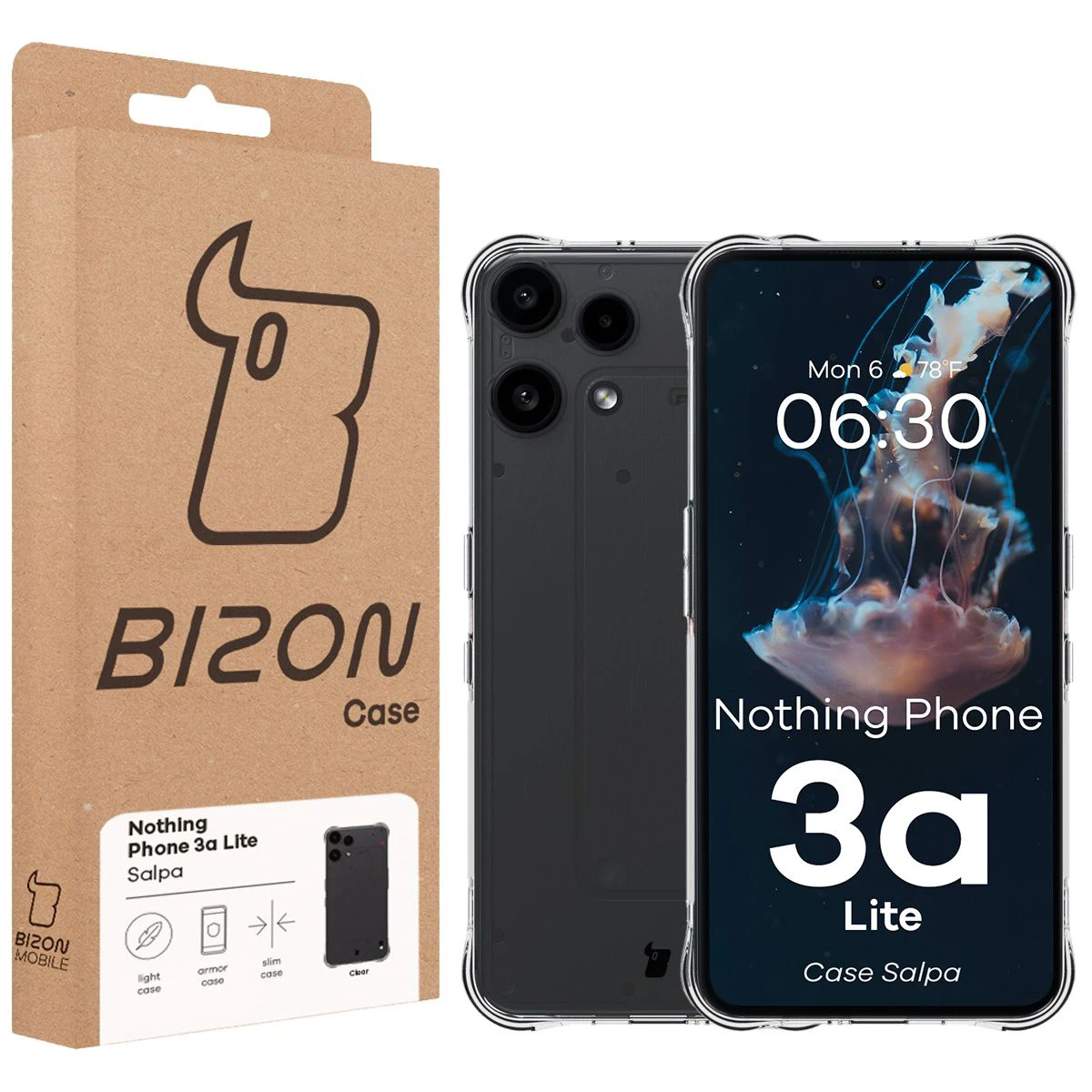 Przód pudełka Bizon Case z dedykowaną etykietą do Nothing Phone (3a) Lite
