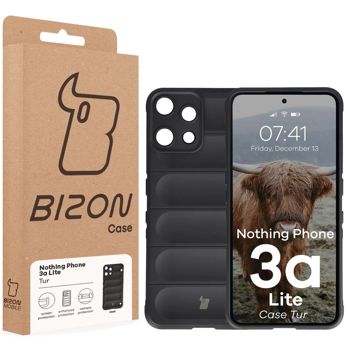 Przód pudełka Bizon Case z dedykowaną etykietą do Nothing Phone (3a) Lite