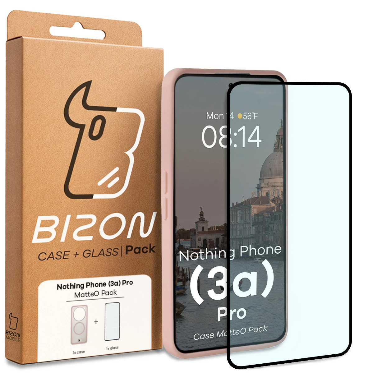 Przód pudełka Bizon Case Matteo Pack z dedykowaną etykietą do Nothing Phone (3a) Pro