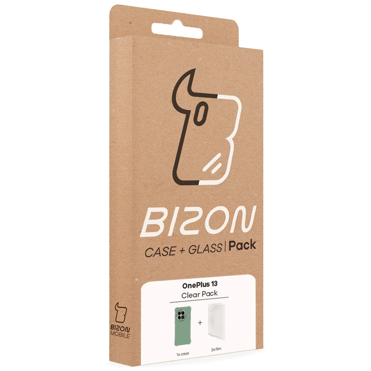 Przód pudełka Bizon Case+Glass z dedykowaną etykietą do OnePlus 13