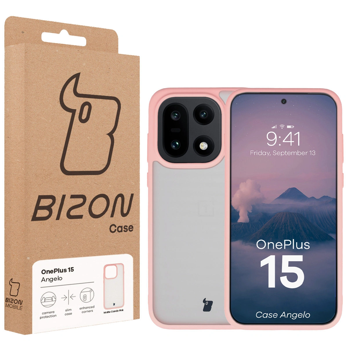 Przód pudełka Bizon Case z dedykowaną etykietą do OnePlus 15