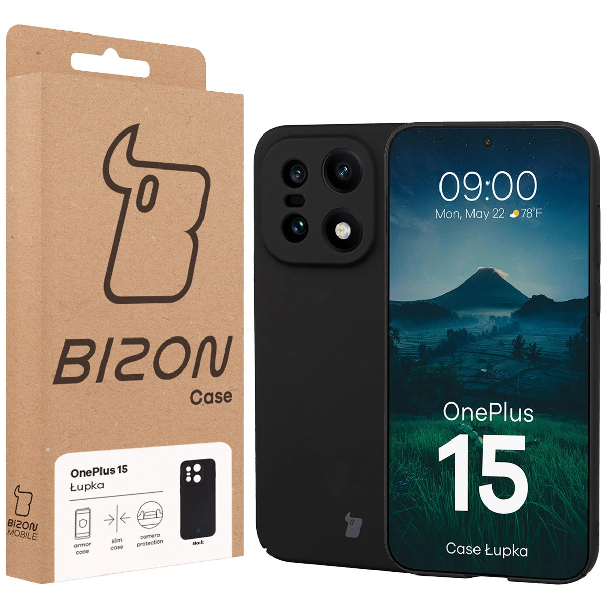 Przód pudełka Bizon Case z dedykowaną etykietą do OnePlus 15