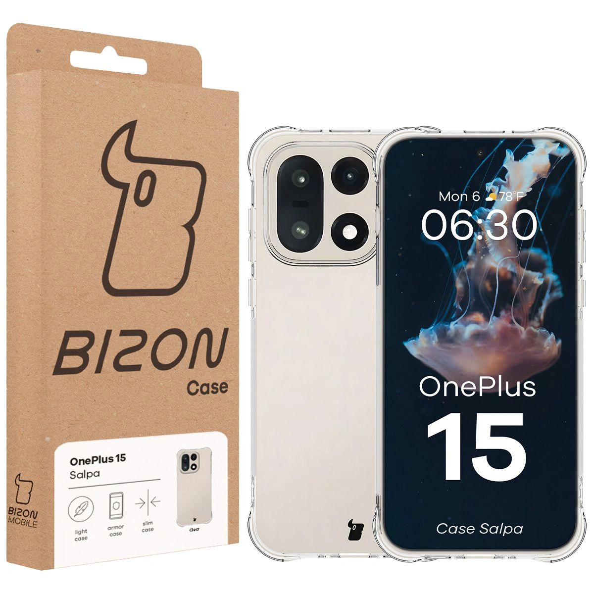 Przód pudełka Bizon Case z dedykowaną etykietą do OnePlus 15