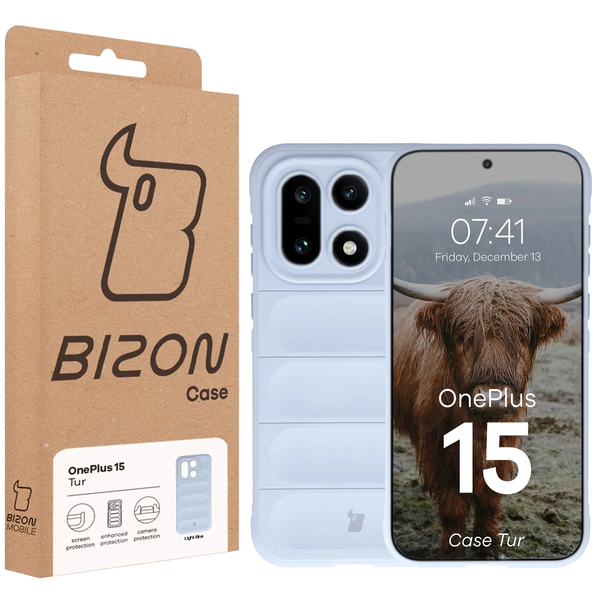 Przód pudełka Bizon Case z dedykowaną etykietą do OnePlus 15