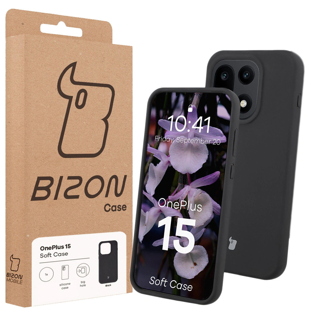 Przód pudełka Bizon Case z dedykowaną etykietą do OnePlus 15