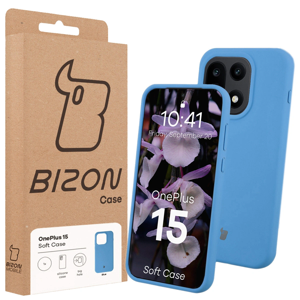 Przód pudełka Bizon Case z dedykowaną etykietą do OnePlus 15