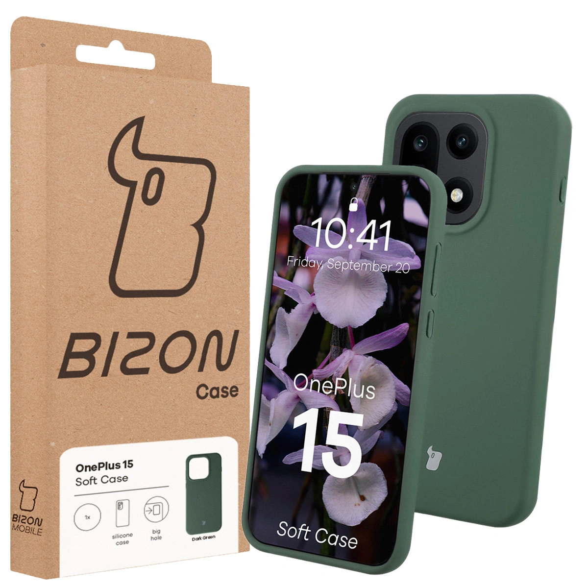 Przód pudełka Bizon Case z dedykowaną etykietą do OnePlus 15