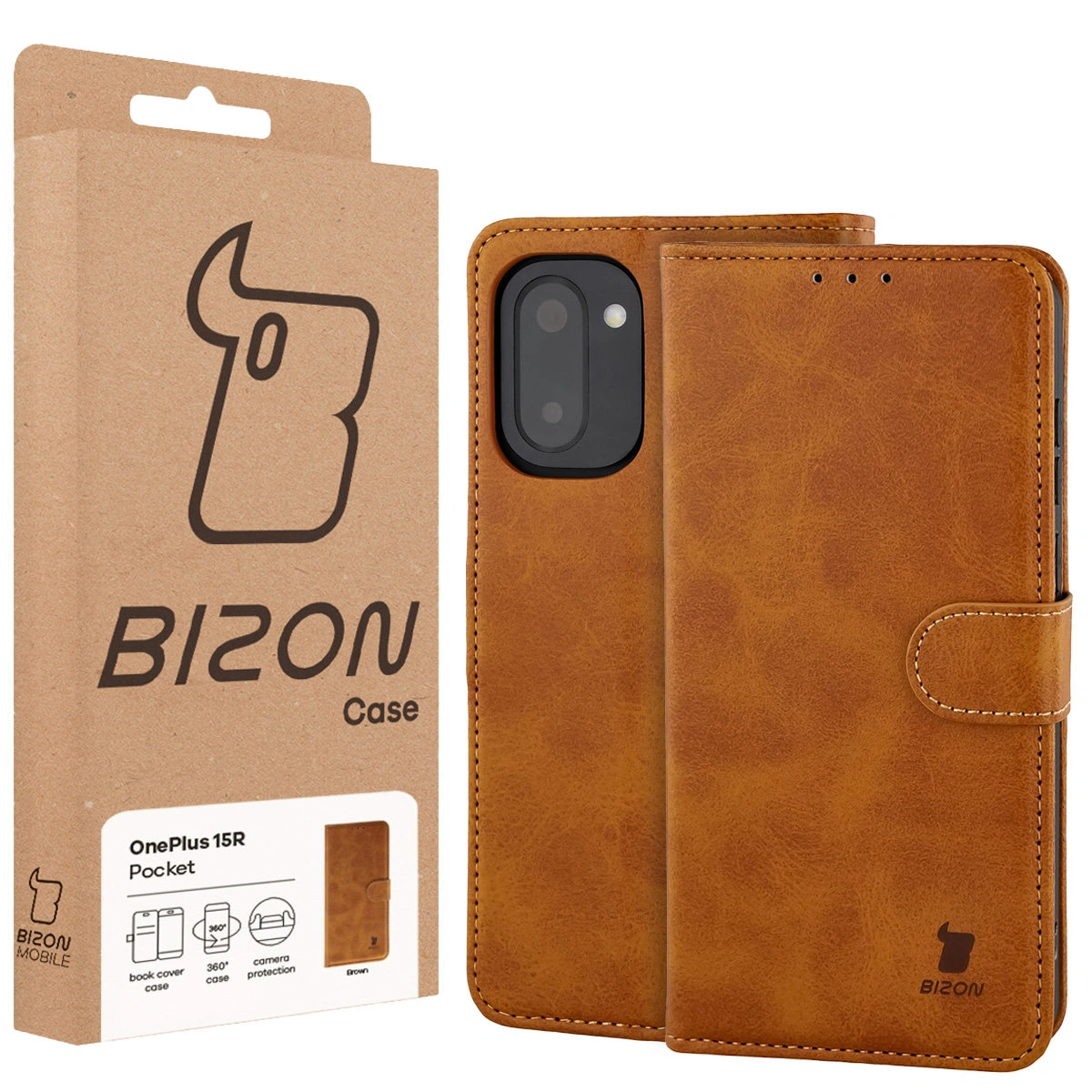 Przód pudełka Bizon Case z dedykowaną etykietą do OnePlus 15R