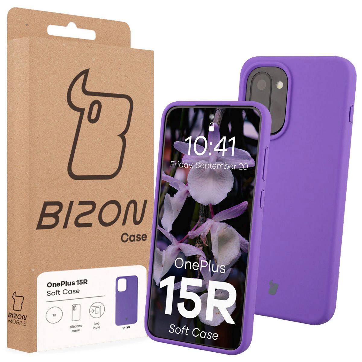 Przód pudełka Bizon Case z dedykowaną etykietą do OnePlus 15R