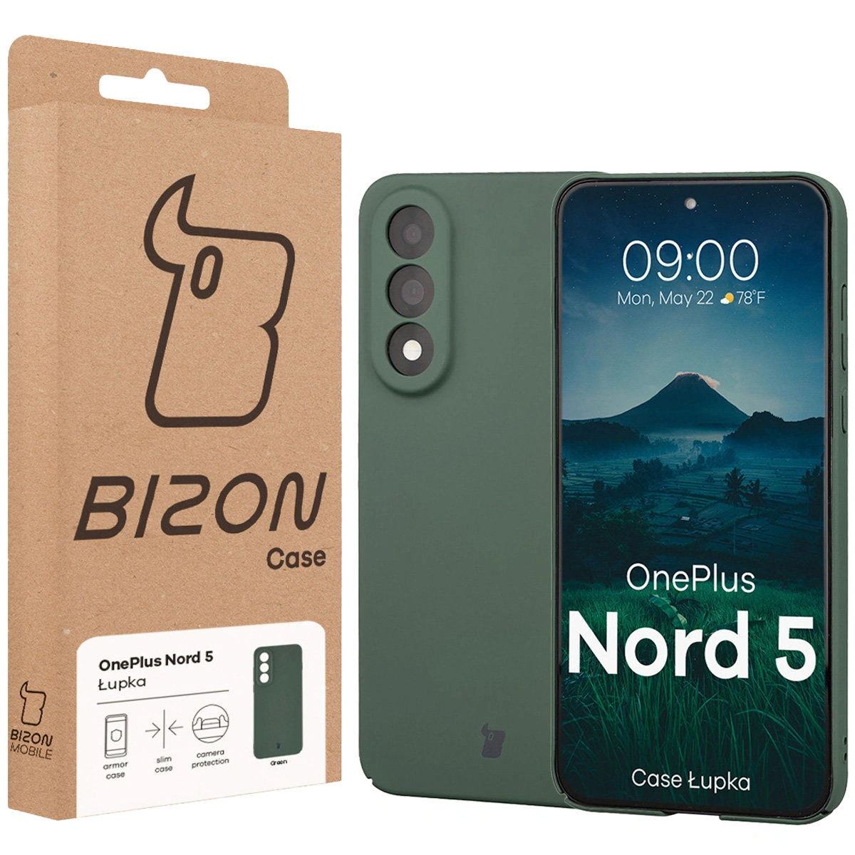 Przód pudełka Bizon Case z dedykowaną etykietą do OnePlus Nord 5