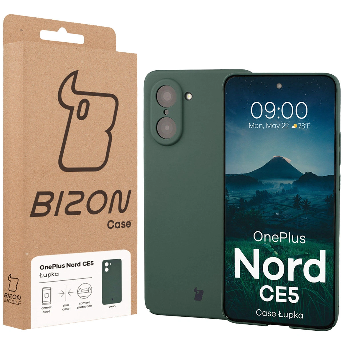 Przód pudełka Bizon Case z dedykowaną etykietą do OnePlus Nord CE5 5G