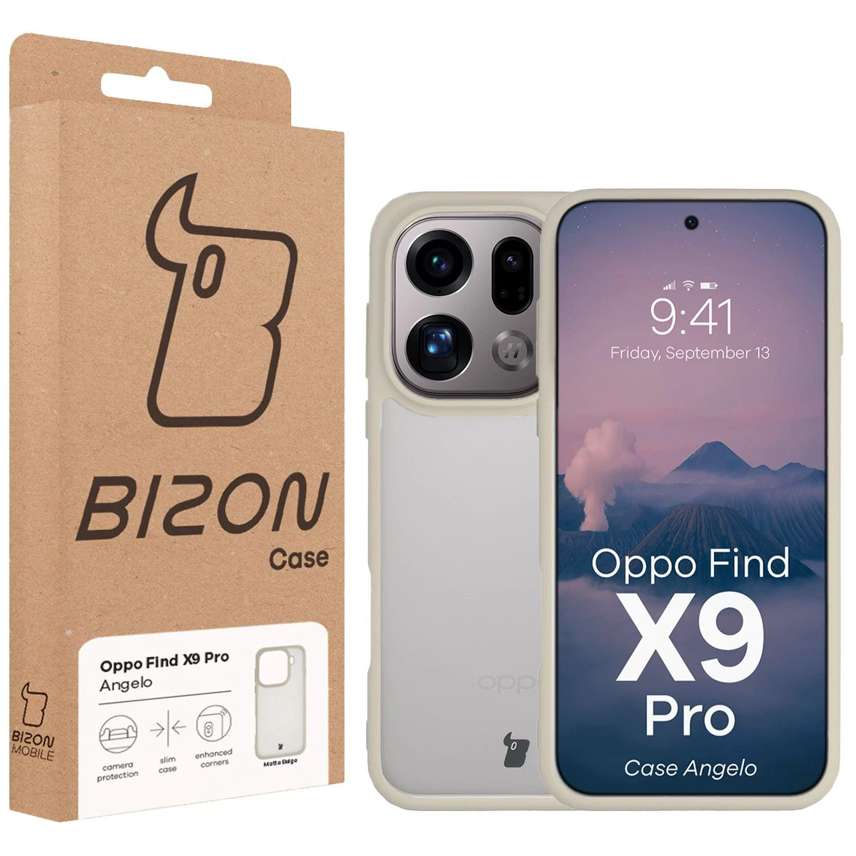 Przód pudełka Bizon Case z dedykowaną etykietą do Oppo Find X9 Pro
