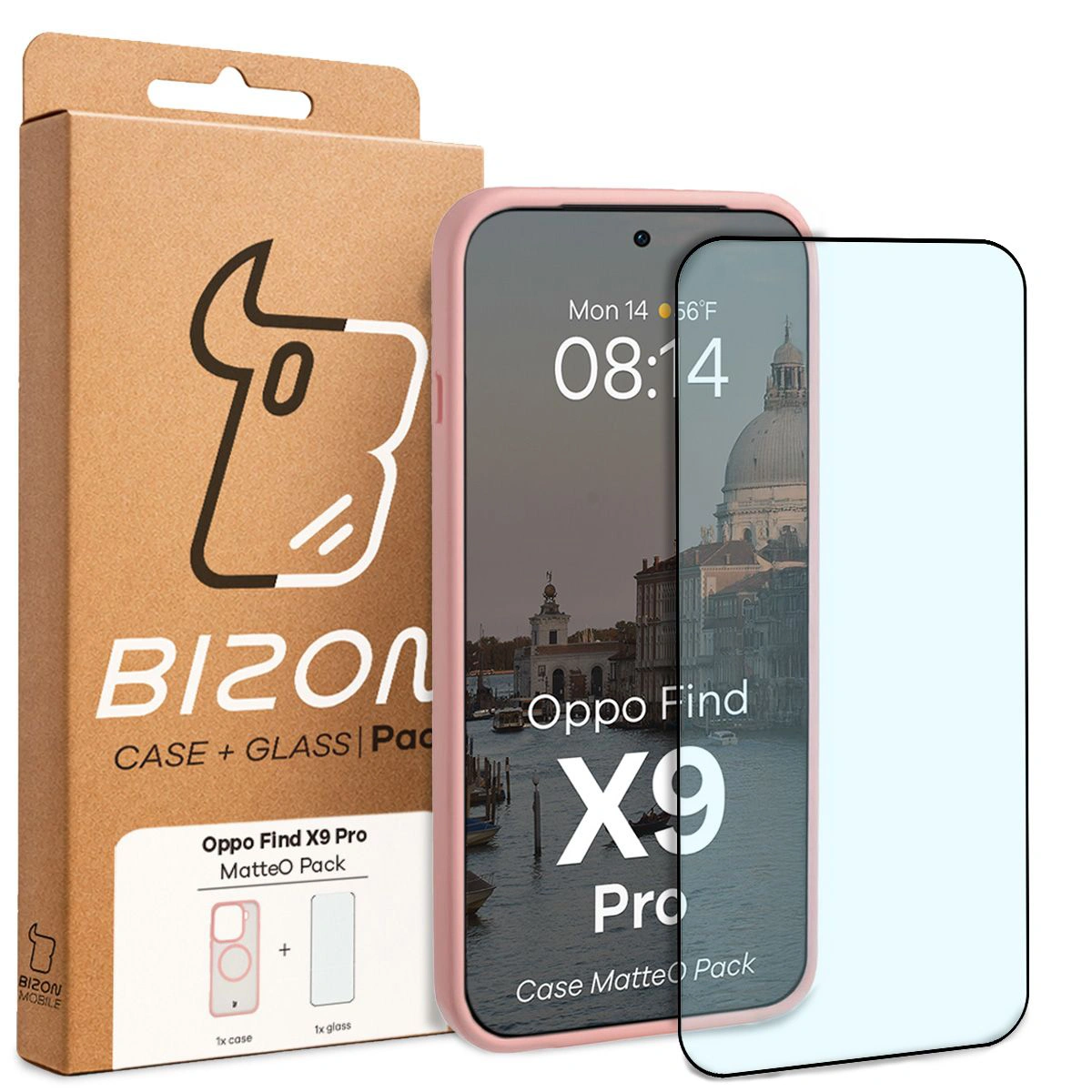 Przód pudełka Bizon Case Matteo Pack z dedykowaną etykietą do Oppo Find X9 Pro