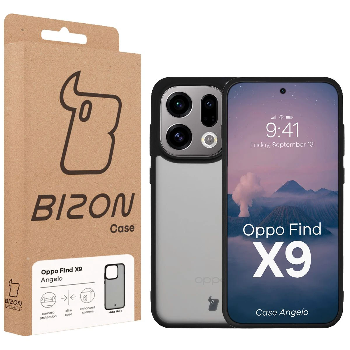 Przód pudełka Bizon Case z dedykowaną etykietą do Oppo Find X9